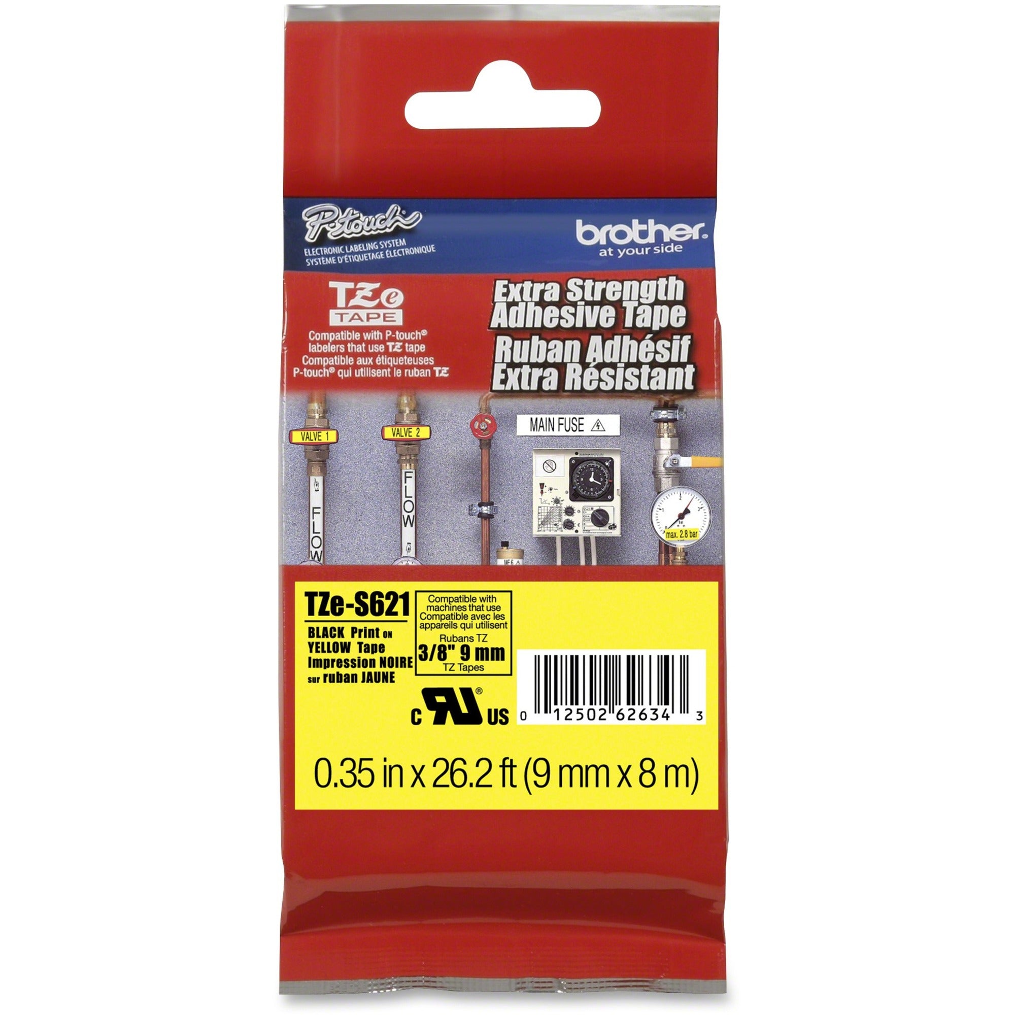 P-touch Industrial TZe Tape Cartridge - x 11/32" Width - Permanent Adhesive - Thermal Transfer - Black, Yellow - Laminated - 1 Each