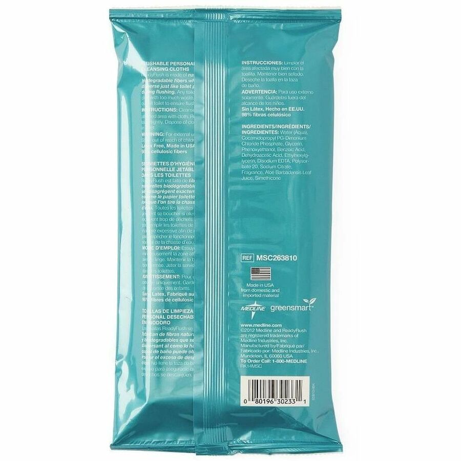 Medline ReadyFlush Biodegradable Flushable Wipes - 8" Width x 10" Length - White - Cloth, Fiber, Cloth Fiber - 24 / Carton