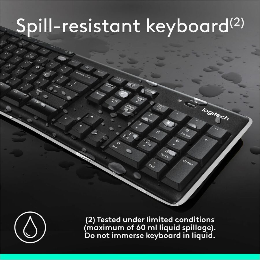 Logitech K270 Keyboard - Wireless Connectivity - RF - 33 ft - 2.40 GHz - USB Interface - Computer - PC - AAA Battery Size Supported - Black