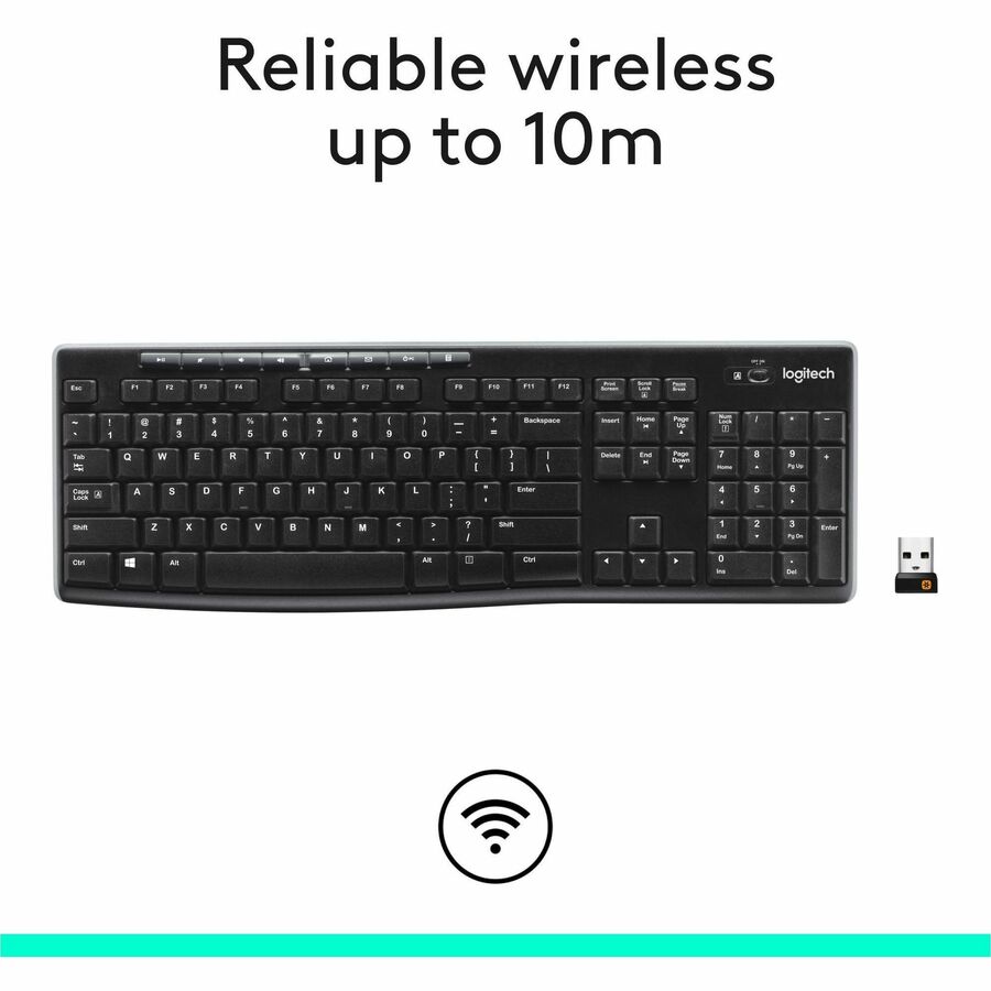Logitech K270 Keyboard - Wireless Connectivity - RF - 33 ft - 2.40 GHz - USB Interface - Computer - PC - AAA Battery Size Supported - Black