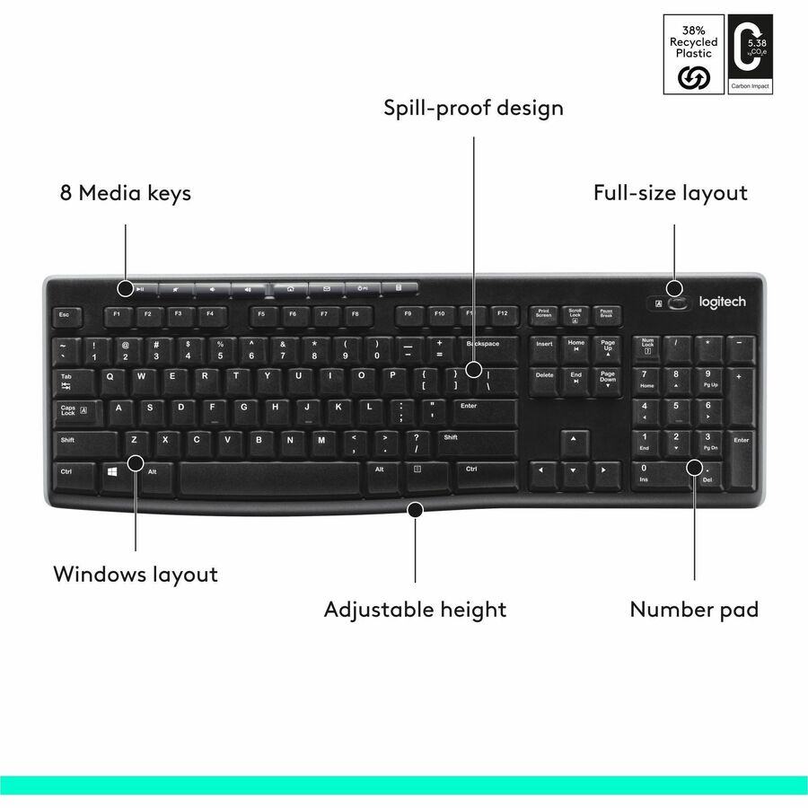 Logitech K270 Keyboard - Wireless Connectivity - RF - 33 ft - 2.40 GHz - USB Interface - Computer - PC - AAA Battery Size Supported - Black