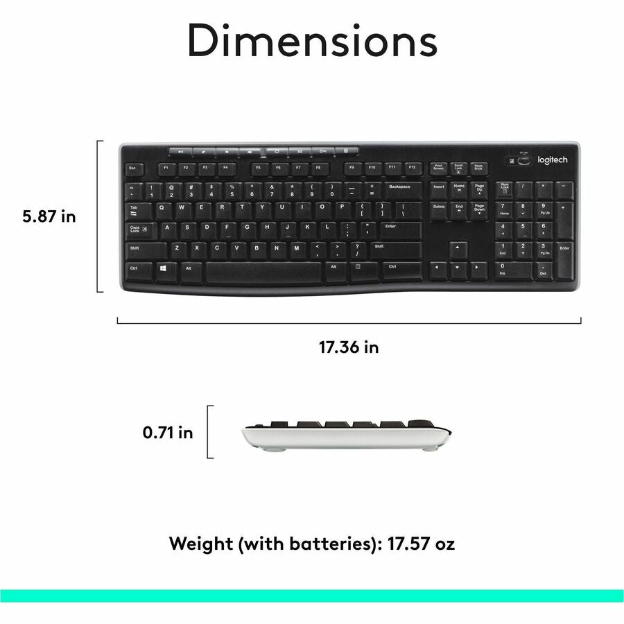 Logitech K270 Keyboard - Wireless Connectivity - RF - 33 ft - 2.40 GHz - USB Interface - Computer - PC - AAA Battery Size Supported - Black