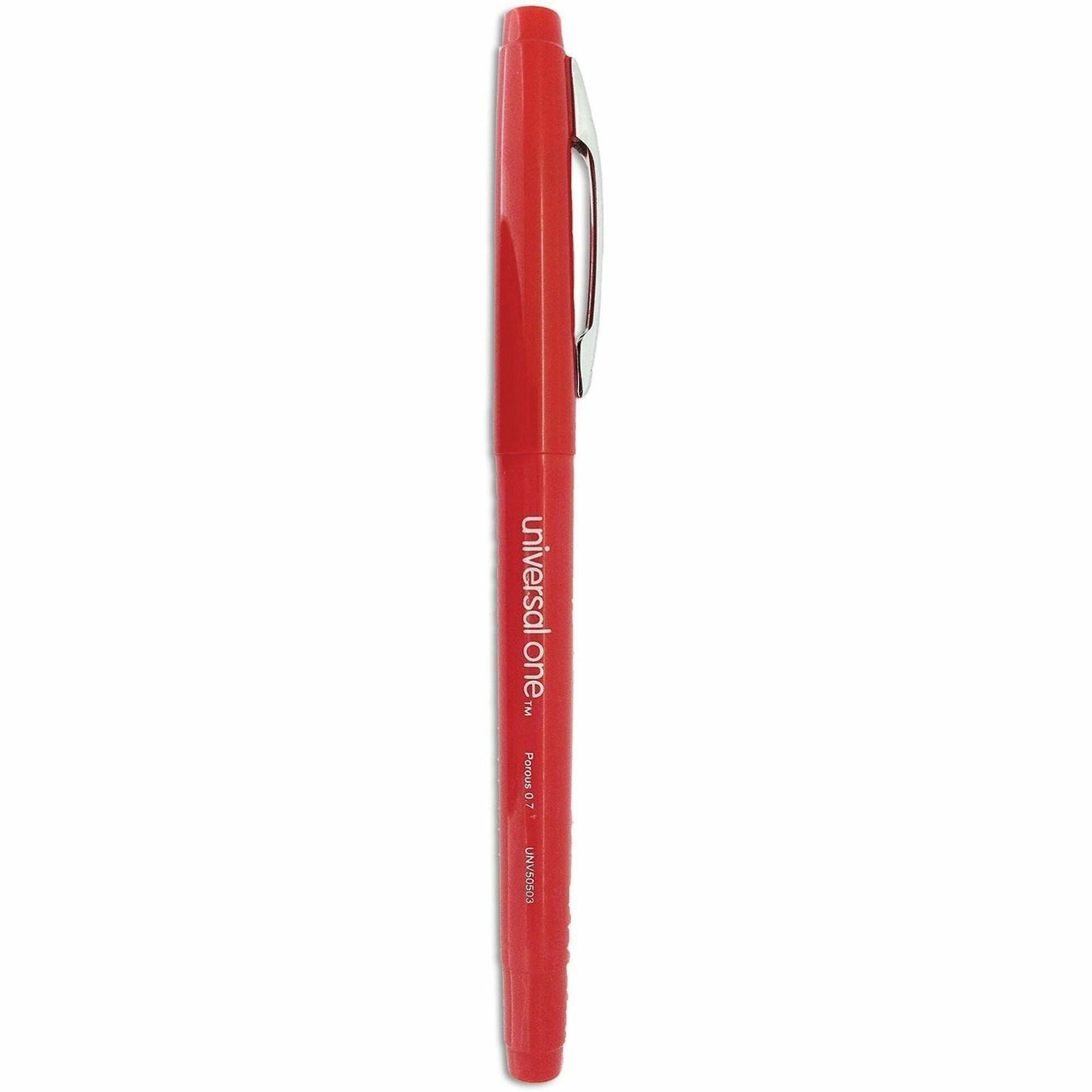 Universal Porous Point Pen, Stick, Medium 0.7 mm, Red Ink, Red Barrel, Dozen - 0.7 mm Medium Bullet Pen Point - Red Ink - Liquid - Red Barrel - 1 Dozen