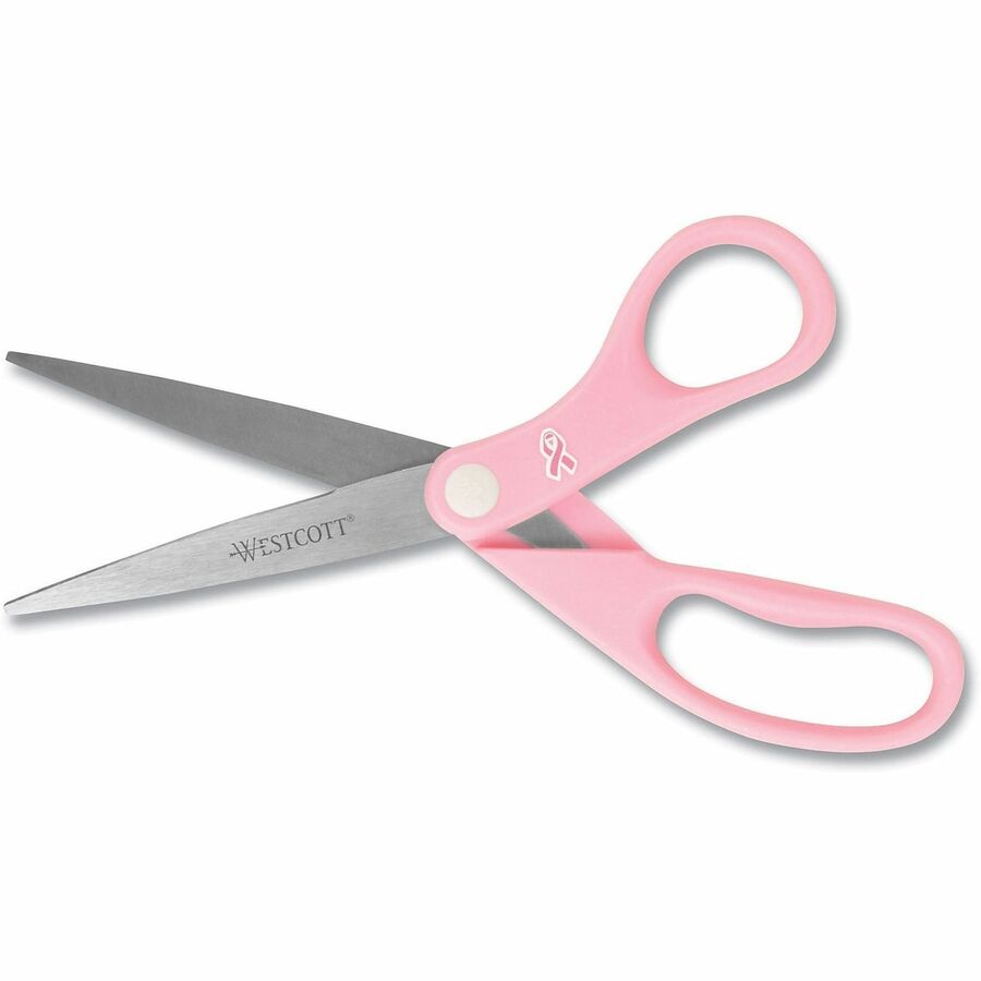 Westcott 8" Breast Cancer Awareness Straight Scissors - 8" Overall Length - Straight-left/right - Stainless Steel - Pink - 1 Each