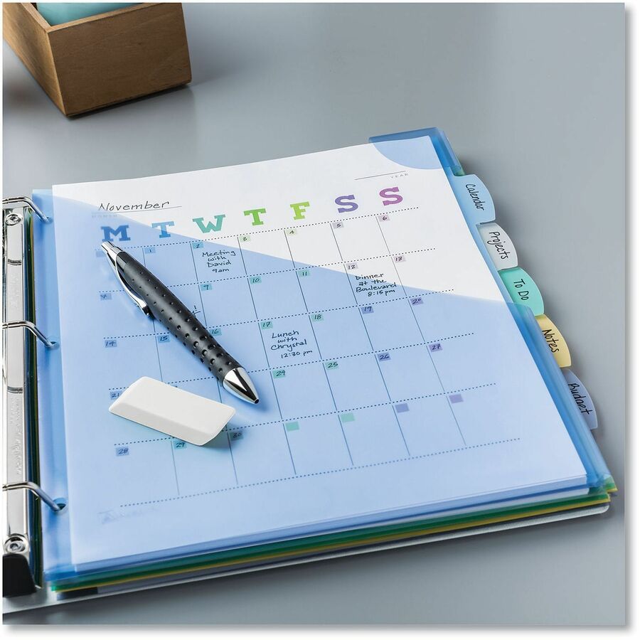 Avery&reg; Corner Lock Write & Erase Plastic Dividers with Expandable Pockets - 5 x Divider(s) - 5 Write-on Tab(s) - 1/5 - 5 - 5 Tab(s)/Set - 9.3" Divider Width x 11.25" Divider Length - 3 Hole Punched - Multicolor Plastic, Translucent Divider - Multic...