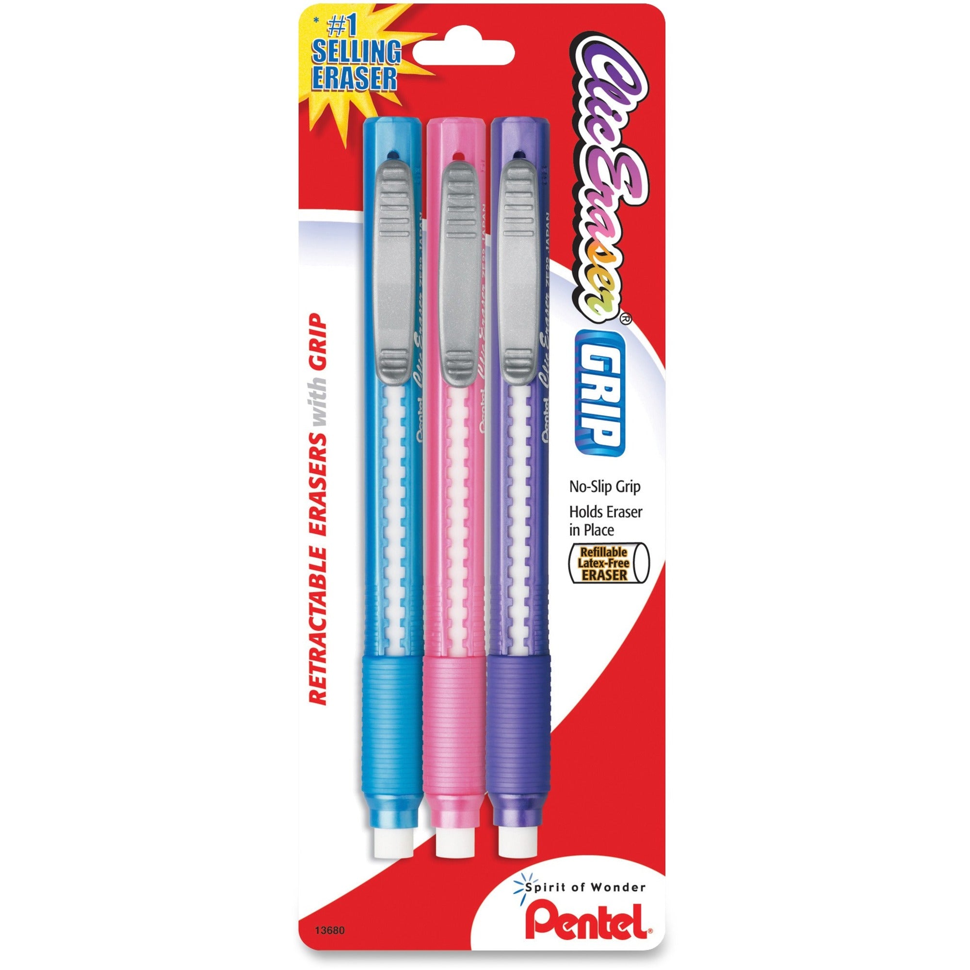 Pentel Clic Retractable Eraser - Assorted - Pencil - Refillable - 3 / Pack - Retractable, Non-abrasive, Latex-free Grip