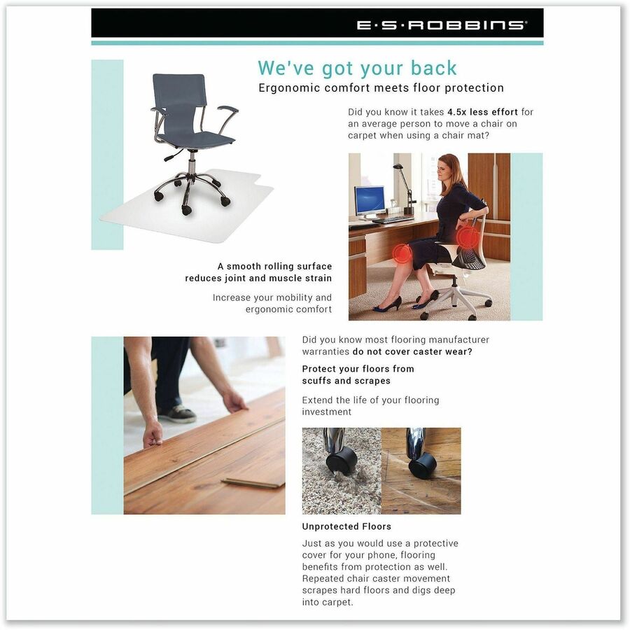 ES ROBBINS Economy Series Hardwood Chairmats - Hard Floor, Wood Floor, Tile Floor - 53" Length x 45" Width - Lip Size 12" Length x 25" Width - Rectangular - Vinyl - Clear - 1 Each