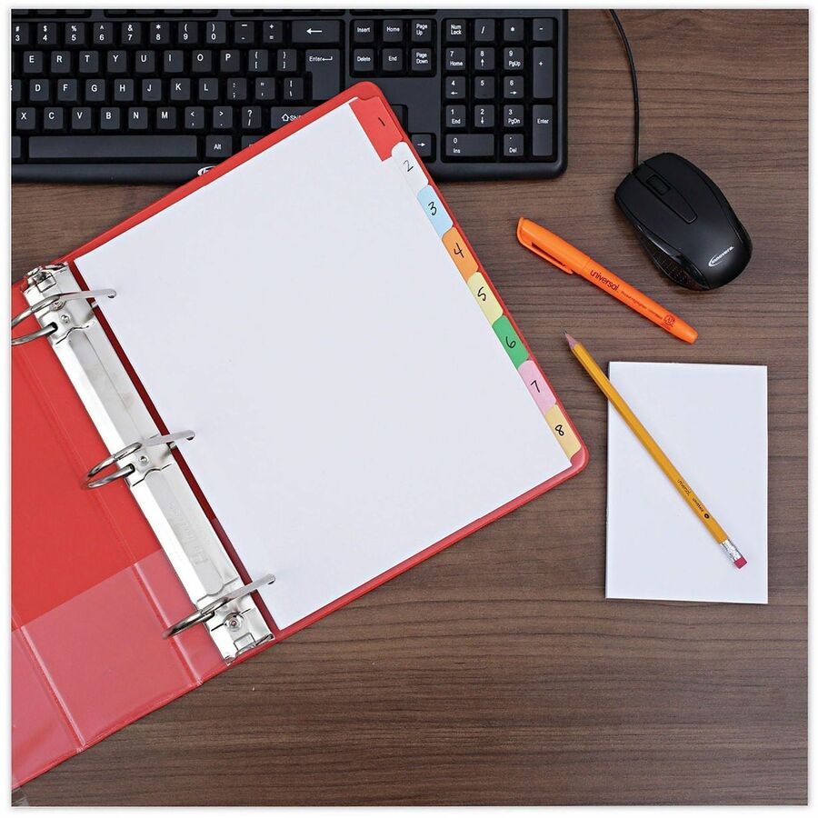 Universal Deluxe Write-On/Erasable Tab Index, 8-Tab, 11 x 8.5, White, Assorted Tabs, 1 Set - 8 Write-on Side Tab(s) - Letter - 8.50" Width x 11" Length - 3 Hole Punched - White Paper Divider - Assorted Paper Tab(s) - Customizable, Double-sided, Reinfor...