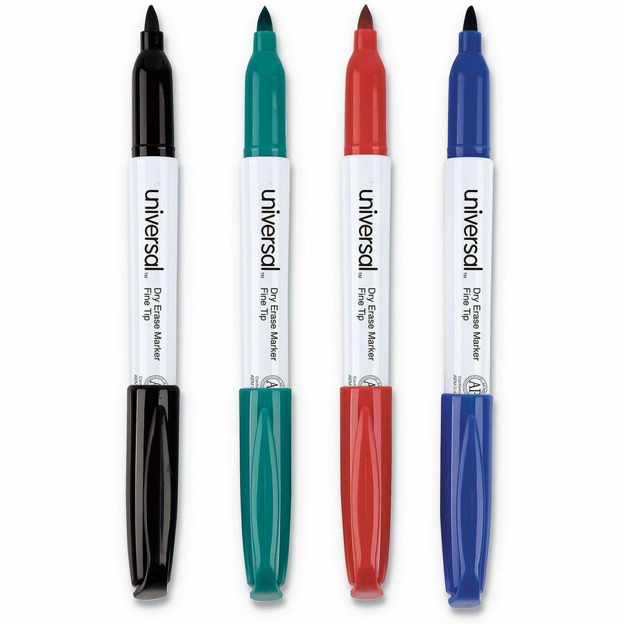 Universal Pen Style Dry Erase Marker, Fine Bullet Tip, Assorted Colors, 4/Set - Fine Bullet, Fine Marker Point - Assorted Ink - Dry - Black, Blue, Green, Red Barrel - General Purpose - 4 / Set
