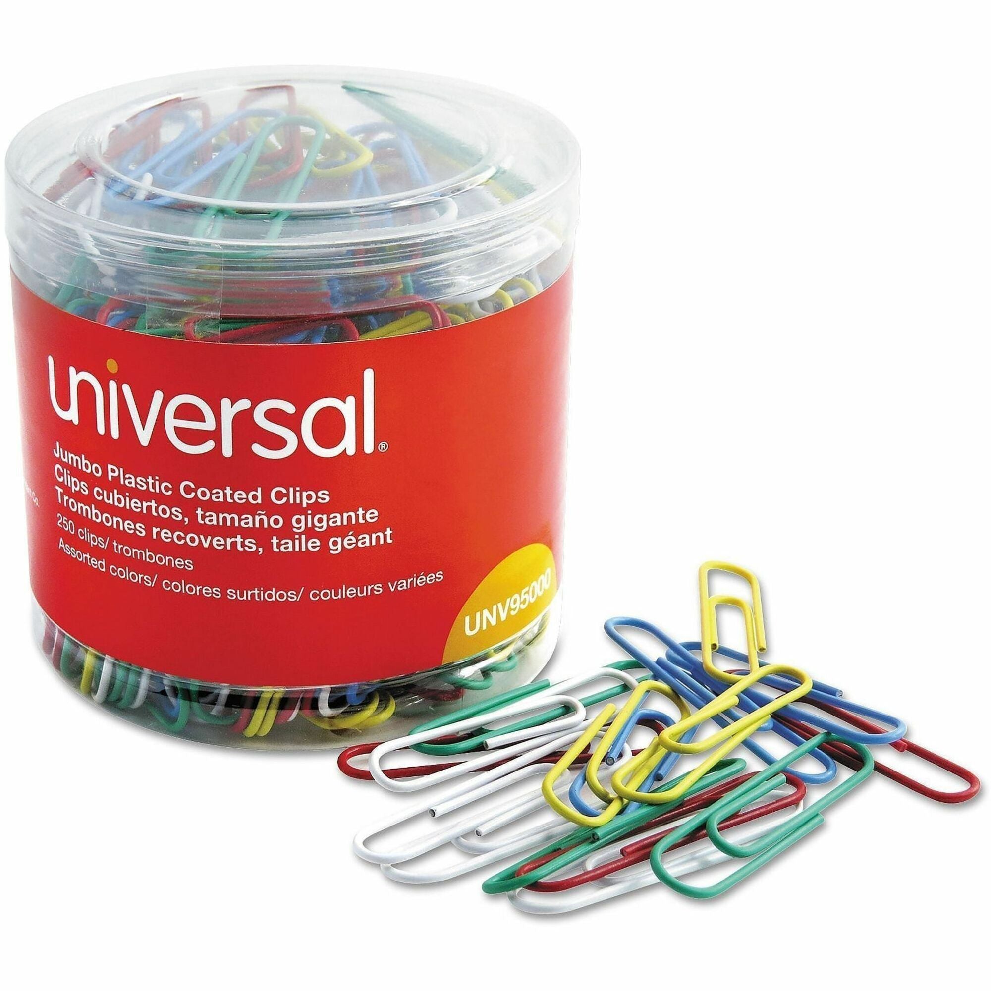 Universal Paper Clip - Jumbo - 2" Length x 0.5" Width - Assorted, Blue, Green, Red, White, Yellow - Plastic, Steel Wire - 250 / Pack