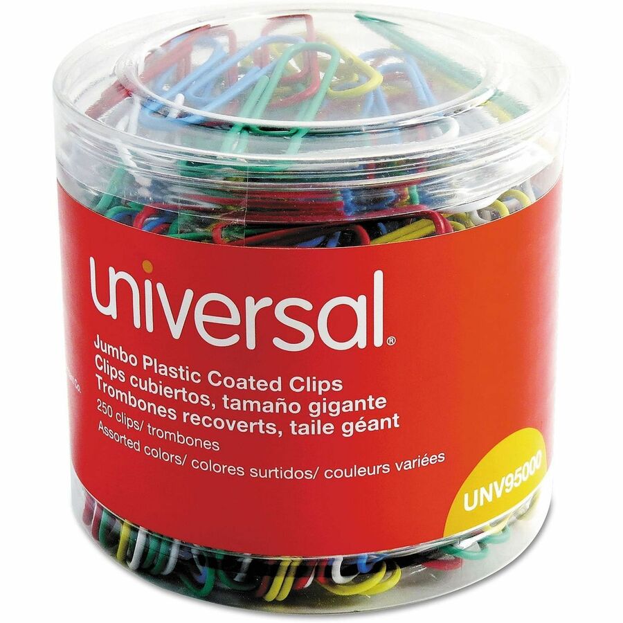 Universal Paper Clip - Jumbo - 2" Length x 0.5" Width - Assorted, Blue, Green, Red, White, Yellow - Plastic, Steel Wire - 250 / Pack