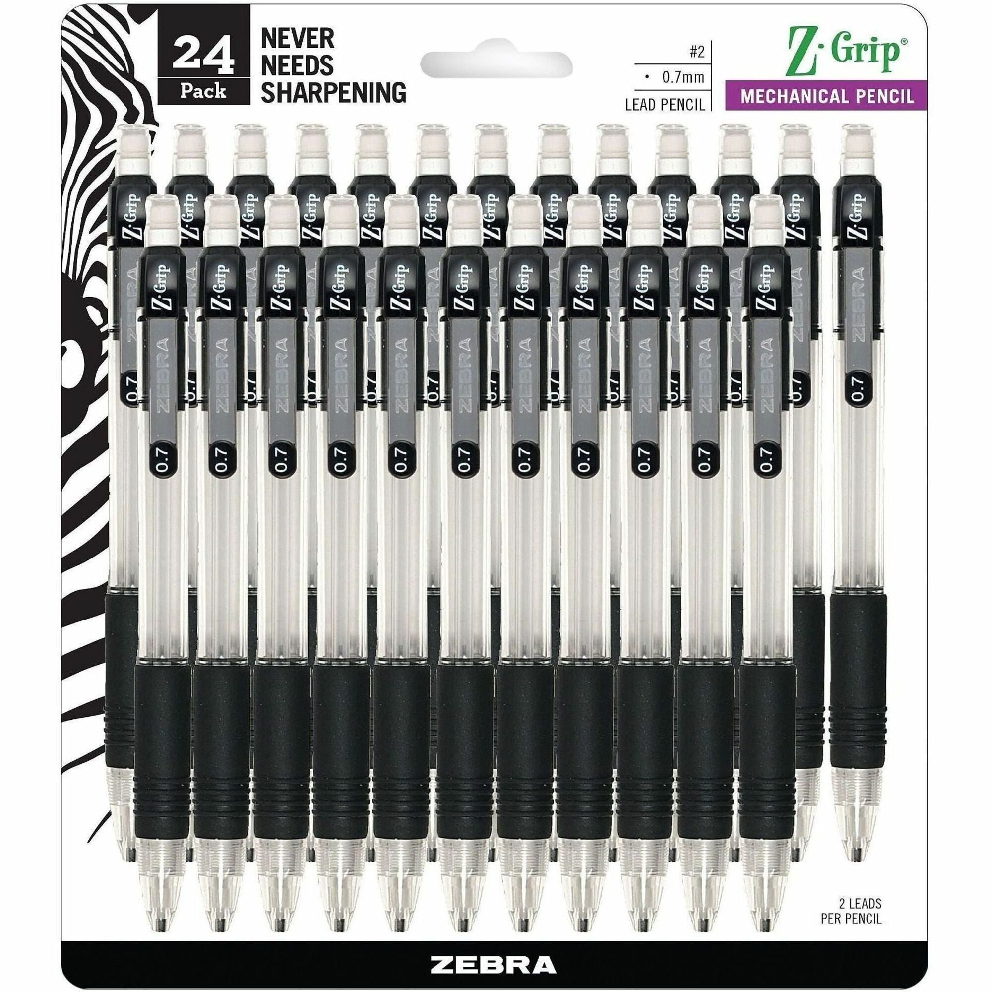 Zebra Pen Z-Grip Mechanical Pencil, 0.7 mm, HB #2 Graphite, Black Grip, 24-Pack - 0.7 mm Graphite Lead - Refillable - Clear Plastic Barrel - 24 / Pack