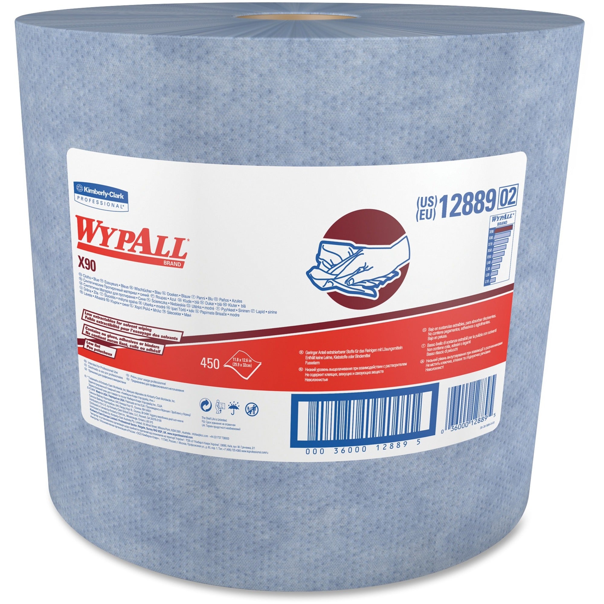 Wypall X90 Jumbo Roll Cloths - 11.80" Width x 12.60" Length - Denim Blue - Cloth - 450 / Carton