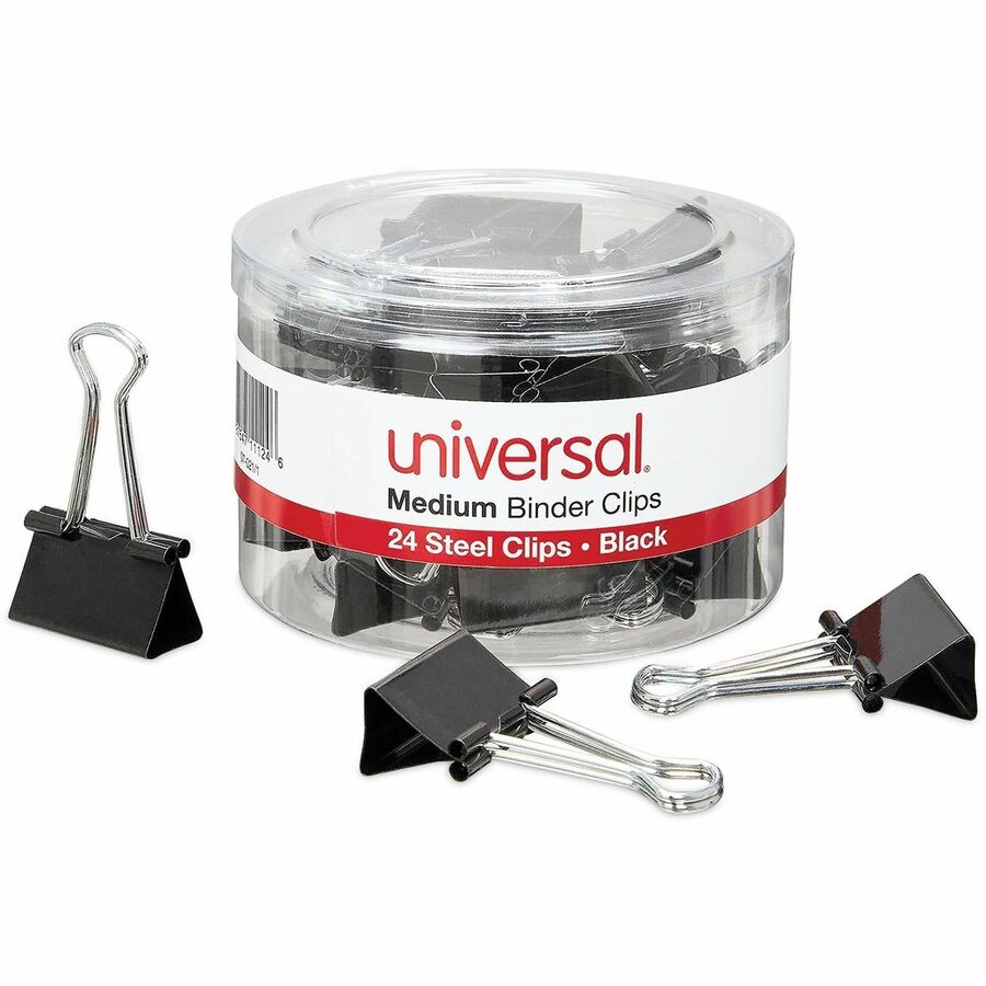 Universal Binder Clips with Storage Tub, Medium, Black/Silver, 24/Pack - Medium - 1.3" Width - 0.63" Size Capacity - Black, Silver - Metal, Steel Wire - 24 / Pack