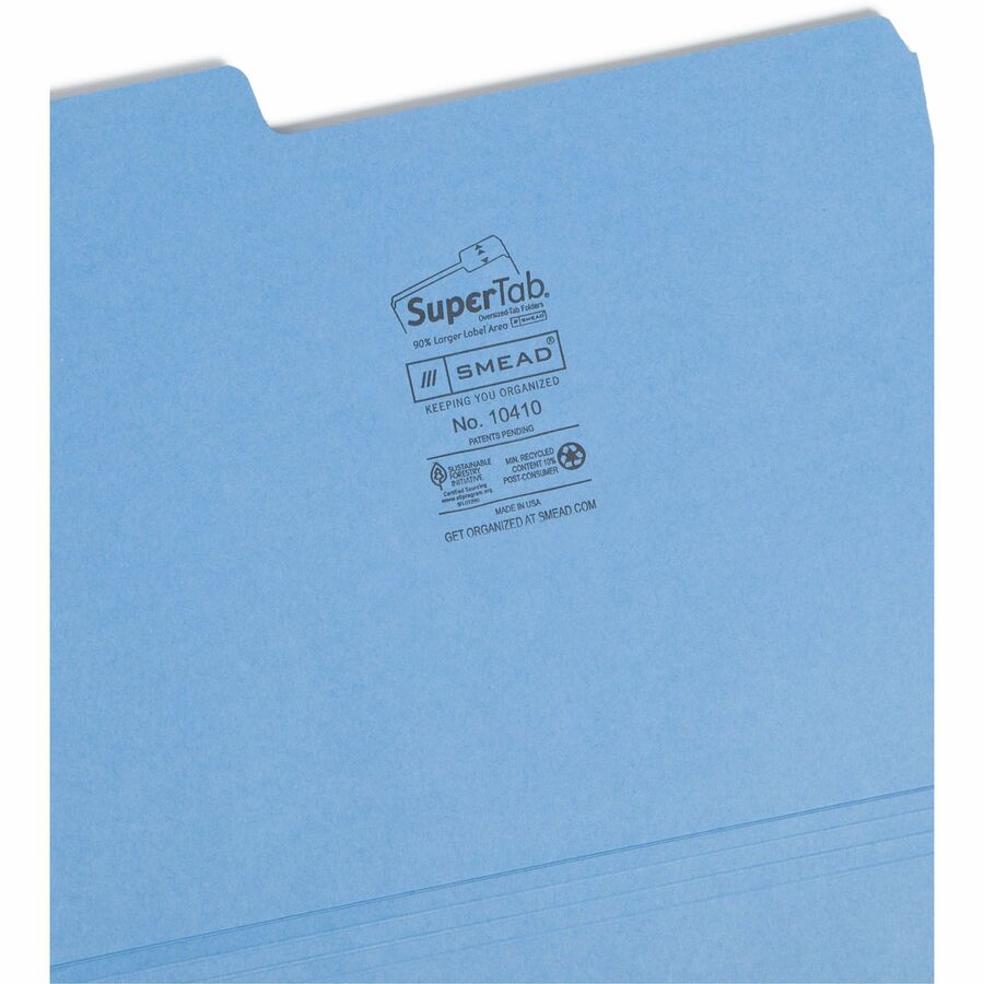 Smead SuperTab 1/3 Tab Cut Letter Recycled Top Tab File Folder - 8 1/2" x 11" - 3/4" Expansion - Top Tab Location - Assorted Tab Position - 14 pt. - 1 Plys - Blue, Red, Green, Yellow - Heavyweight, Durable - 10% Recycled - 50 / Box
