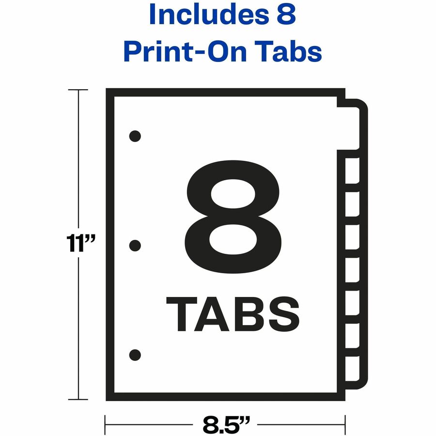 Avery&reg; Customizable Print-On(TM) Dividers, 8-Tab Set (11528) - 8 x Divider(s) - Print-on Tab(s) - 8 - 8 Tab(s)/Set - 8.5" Divider Width x 11" Divider Length - 3 Hole Punched - White Paper Divider - White Paper Tab(s) - 20% - Printable, Hole-punched...