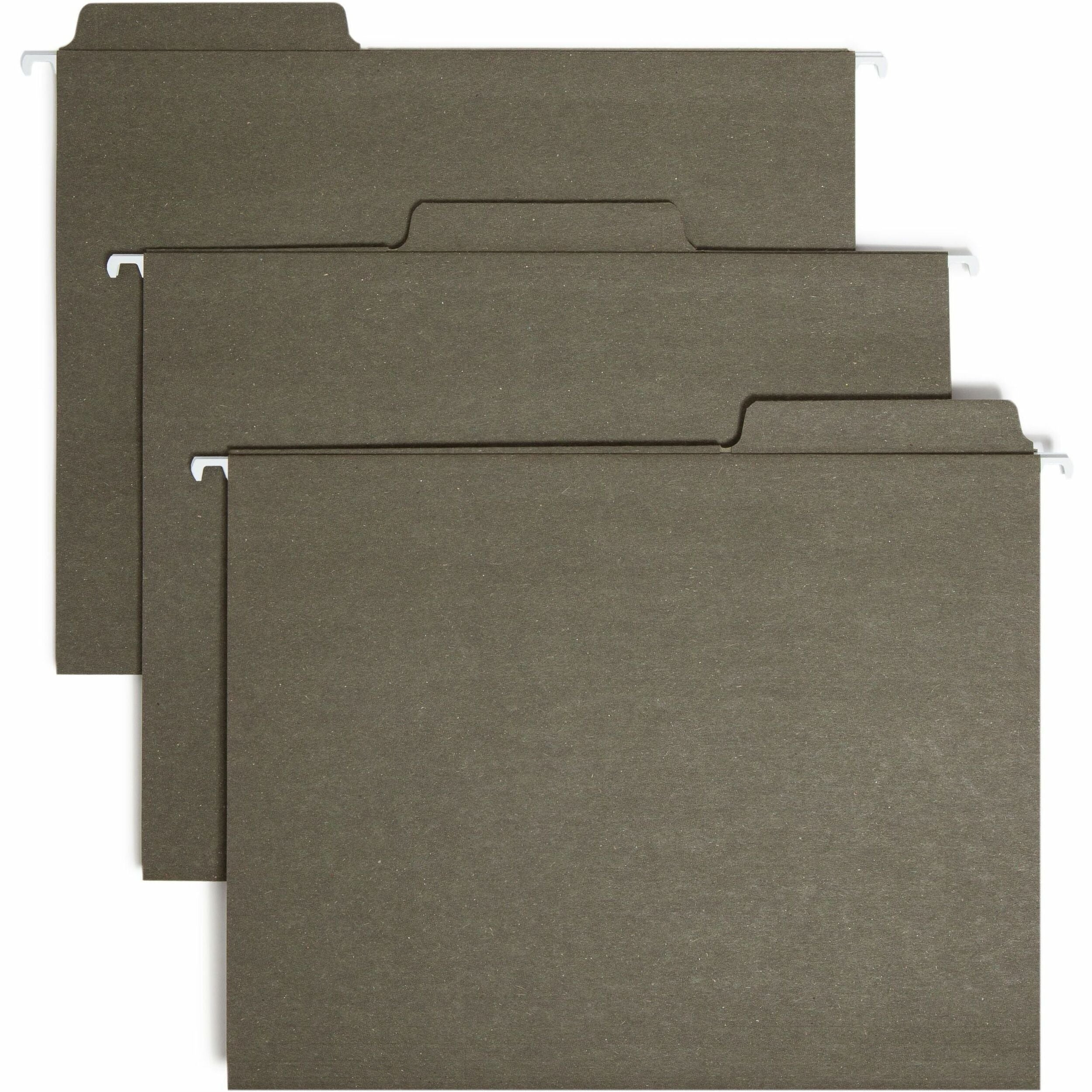Smead FasTab 1/3 Tab Cut Letter Recycled Hanging Folder - 8 1/2" x 11" - Top Tab Location - Assorted Tab Position - 11 pt. - Standard Green - Reinforced Tab - 100% Paper Recycled - 20 / Box