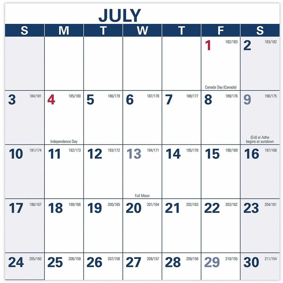 At-A-Glance Erasable Two-sided Wall Calendar - Julian Dates - Yearly - July 2025 to June 2026 - 48" x 32" Sheet Size - 1.63" x 1.63" , 1.25" x 1.88" Block - Red, White, Blue - 32" Height x 48" Width - Erasable, Reversible, Write on/Wipe off - 1 Each