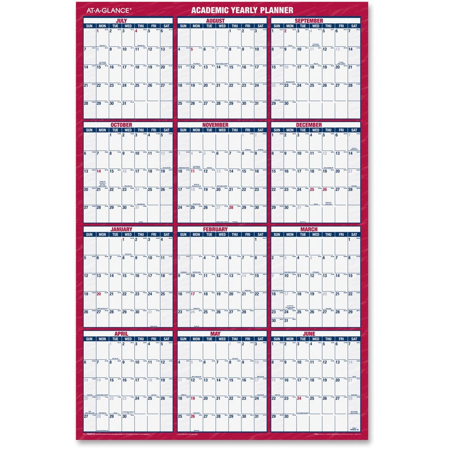At-A-Glance Erasable Two-sided Wall Calendar - Julian Dates - Yearly - July 2025 to June 2026 - 48" x 32" Sheet Size - 1.63" x 1.63" , 1.25" x 1.88" Block - Red, White, Blue - 32" Height x 48" Width - Erasable, Reversible, Write on/Wipe off - 1 Each