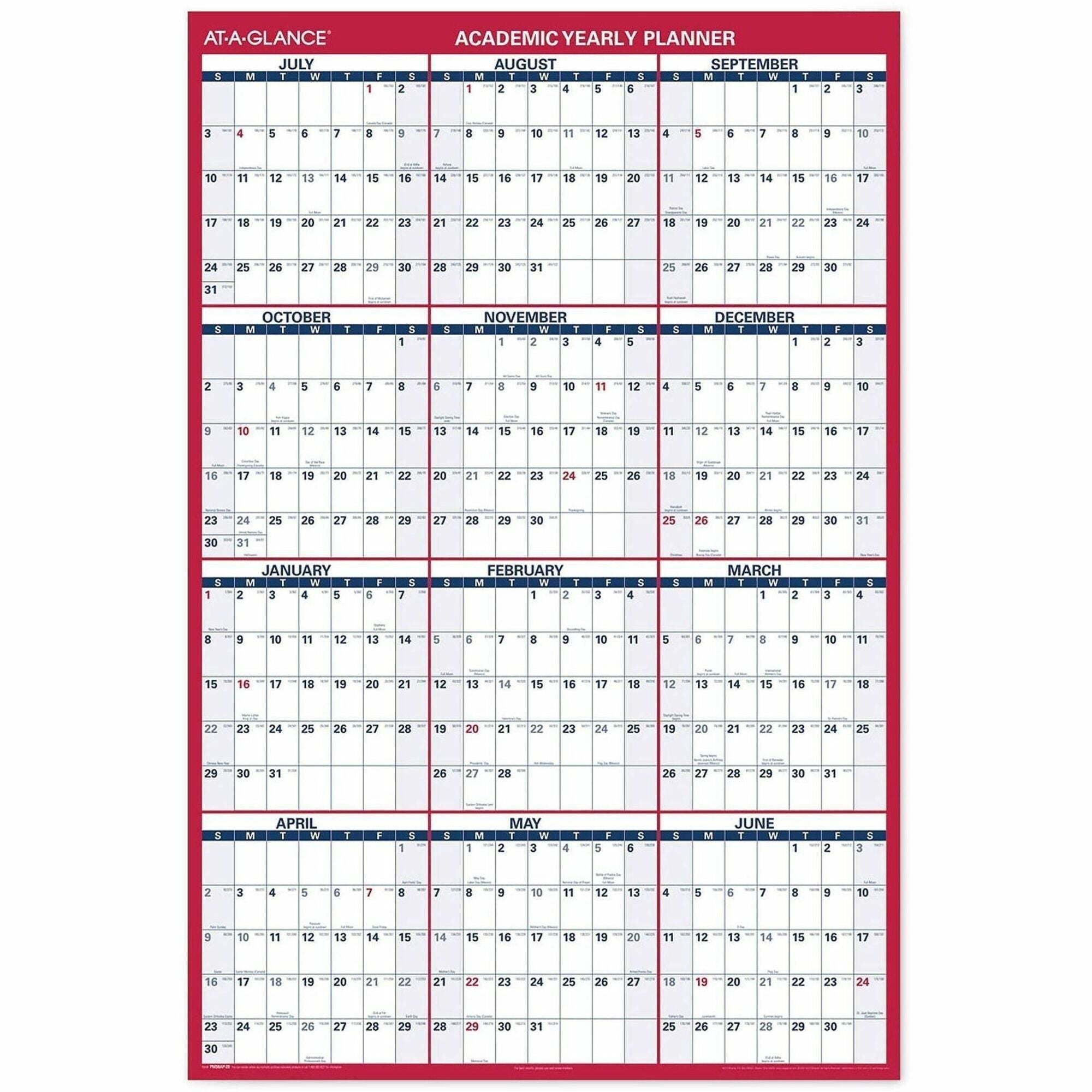At-A-Glance Erasable Two-sided Wall Calendar - Julian Dates - Yearly - July 2025 to June 2026 - 48" x 32" Sheet Size - 1.63" x 1.63" , 1.25" x 1.88" Block - Red, White, Blue - 32" Height x 48" Width - Erasable, Reversible, Write on/Wipe off - 1 Each