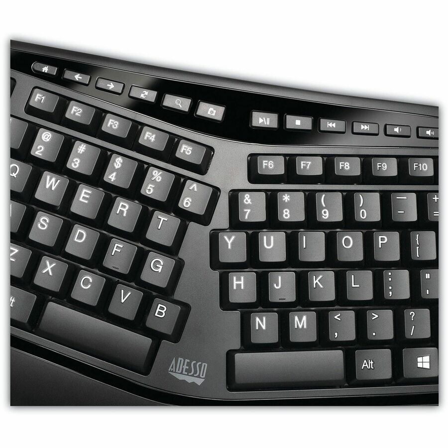 Adesso Wireless Ergonomic Keyboard and Laser Mouse - USB Membrane Wireless RF 2.40 GHz Keyboard - 105 Key - English (US) - Black - USB Wireless RF Mouse - Laser - 1600 dpi - Scroll Wheel - Black - Play/Pause, Previous Track, Next Track, Volume Up, Volu...