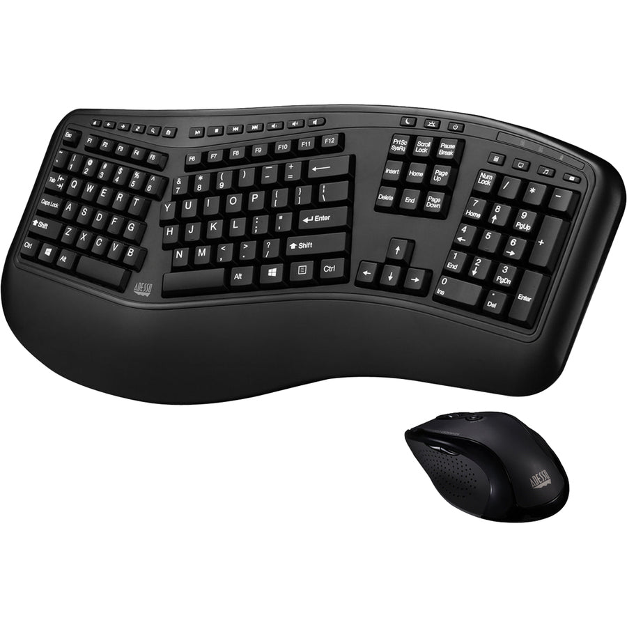 Adesso Wireless Ergonomic Keyboard and Laser Mouse - USB Membrane Wireless RF 2.40 GHz Keyboard - 105 Key - English (US) - Black - USB Wireless RF Mouse - Laser - 1600 dpi - Scroll Wheel - Black - Play/Pause, Previous Track, Next Track, Volume Up, Volu...