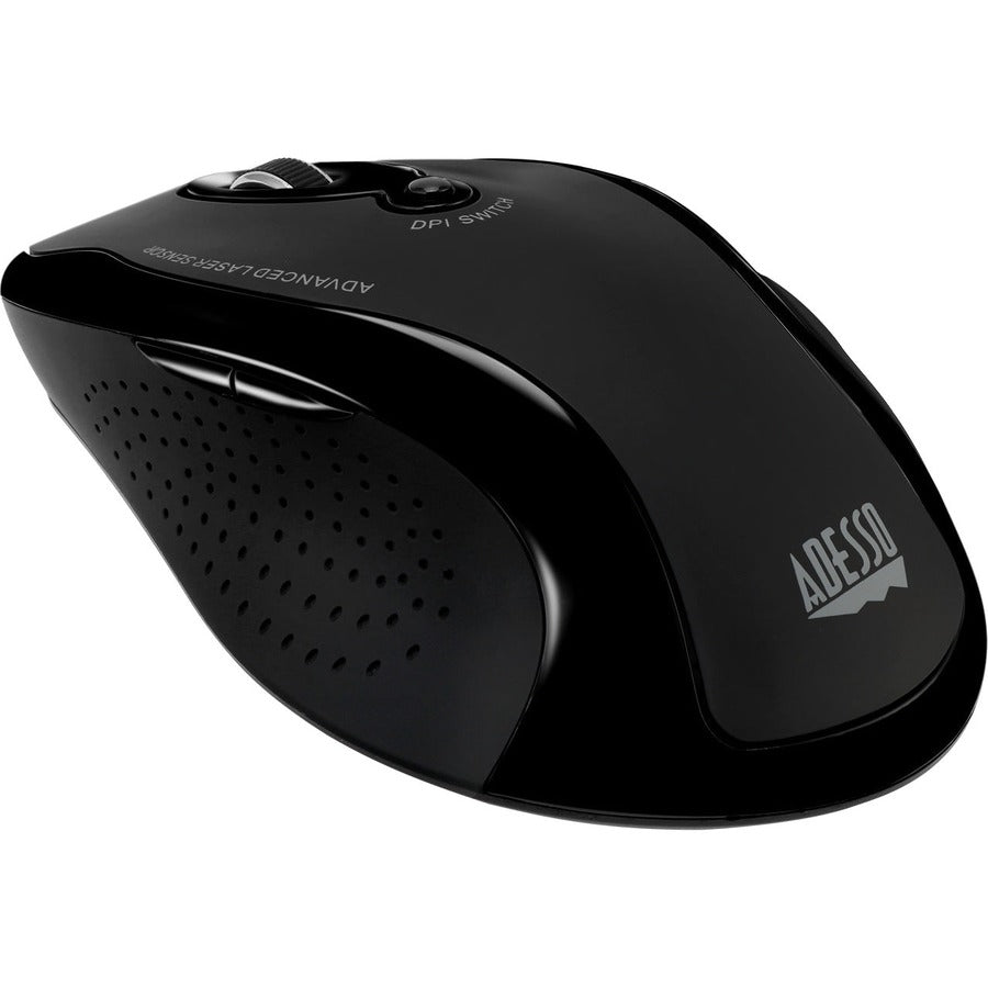 Adesso Wireless Ergonomic Keyboard and Laser Mouse - USB Membrane Wireless RF 2.40 GHz Keyboard - 105 Key - English (US) - Black - USB Wireless RF Mouse - Laser - 1600 dpi - Scroll Wheel - Black - Play/Pause, Previous Track, Next Track, Volume Up, Volu...