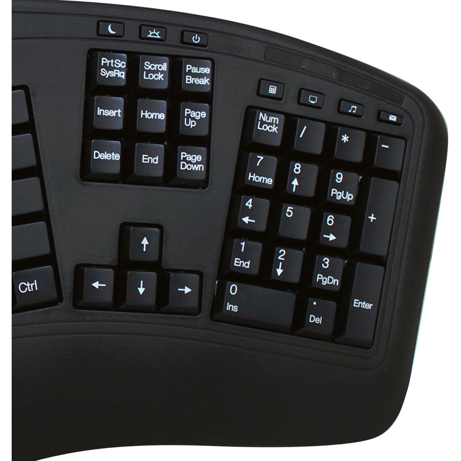 Adesso Wireless Ergonomic Keyboard and Laser Mouse - USB Membrane Wireless RF 2.40 GHz Keyboard - 105 Key - English (US) - Black - USB Wireless RF Mouse - Laser - 1600 dpi - Scroll Wheel - Black - Play/Pause, Previous Track, Next Track, Volume Up, Volu...