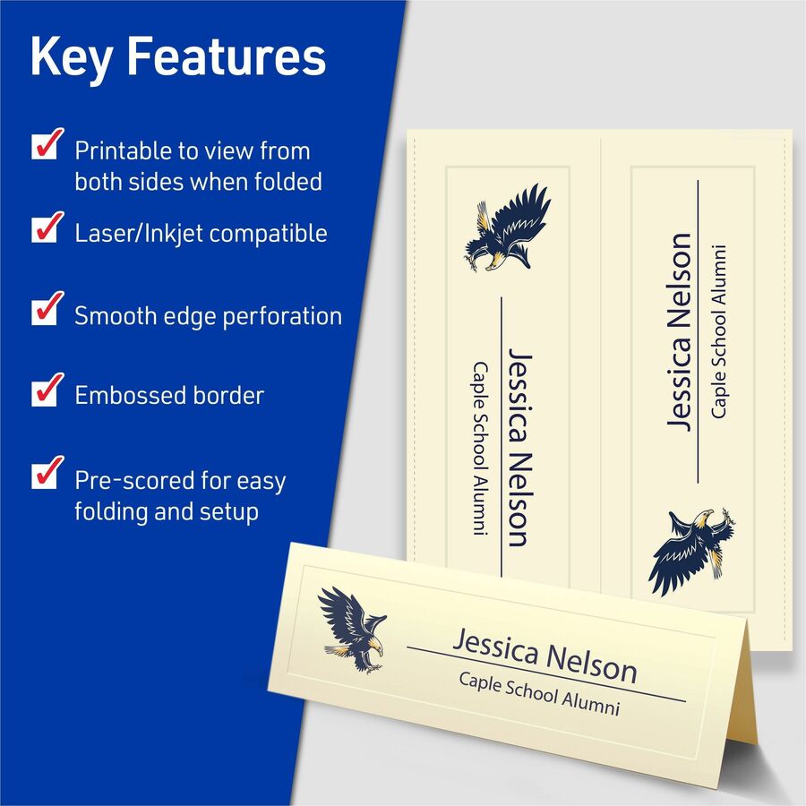 Avery&reg; Tent Cards, 3.5" x 11" , Embossed Border, 50 Cards (5915) - 79 Brightness - 3 1/2" x 11" - 65 lb Basis Weight - 176 g/m² Grammage - Embossed, Foldable, Perforated, Heavyweight, Printable, Smooth Edge, Pre-scored, Double-sided, Uncoated ...