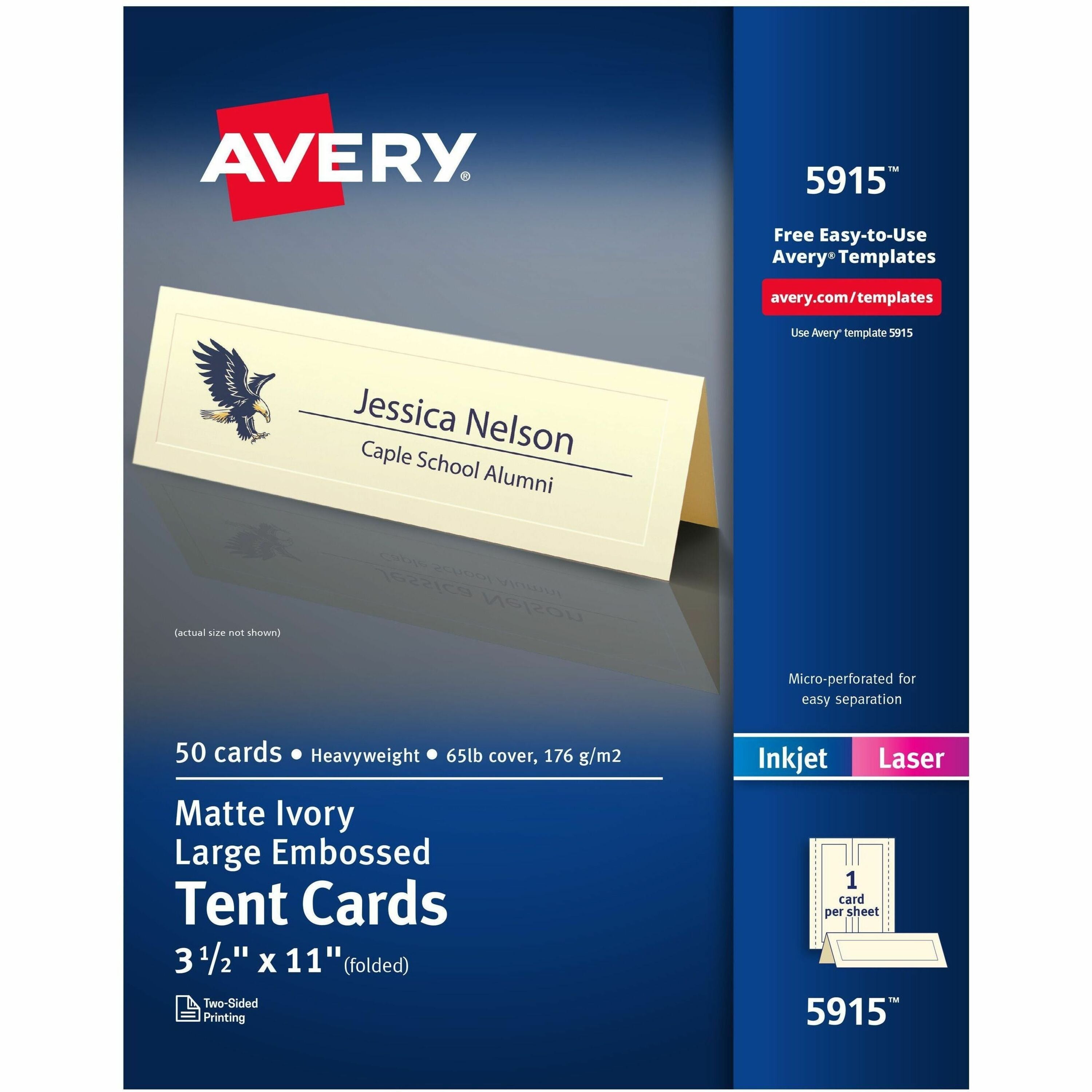 Avery&reg; Tent Cards, 3.5" x 11" , Embossed Border, 50 Cards (5915) - 79 Brightness - 3 1/2" x 11" - 65 lb Basis Weight - 176 g/m² Grammage - Embossed, Foldable, Perforated, Heavyweight, Printable, Smooth Edge, Pre-scored, Double-sided, Uncoated ...