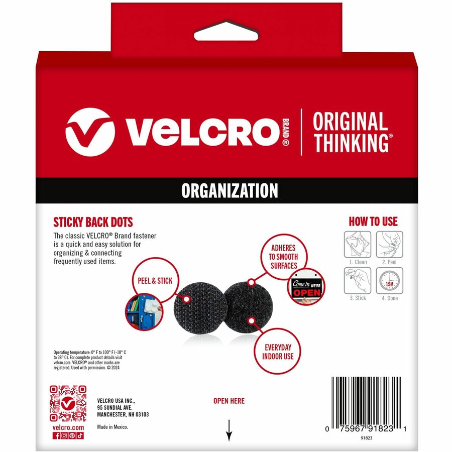 VELCRO&reg; Sticky Back 3/4in Circles Black 200 ct - 0.75" Diameter - Black - For Sign, Poster, Wall, Plastic, Glass, Tile, School, Home - 200 / Carton