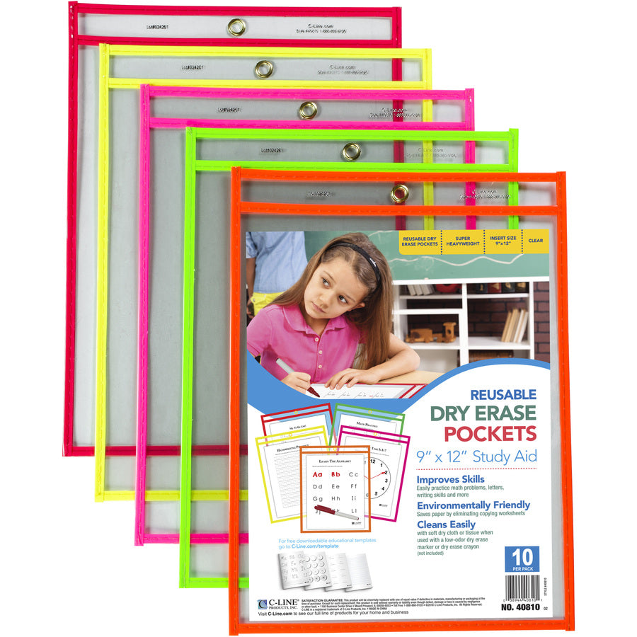 C-Line Reusable Dry Erase Pockets, Assorted, 9 x 12, 10/PK - Neon Red, Neon Orange, Neon Yellow, Neon Green, Neon Pink Frame - Rectangle - Reusable, Heavyweight, Easy to Clean, Eyelet - 10 / Pack