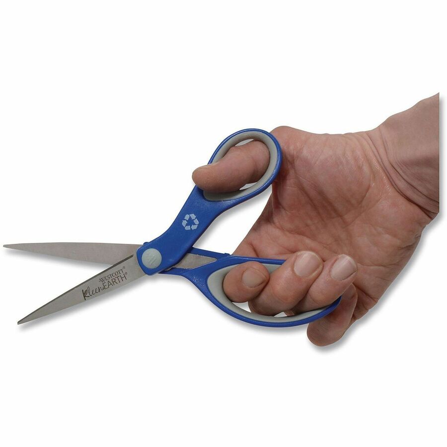 Westcott KleenEarth 8" Soft Handle Scissors - 8" Overall Length - Left/Right - Stainless Steel - Straight Tip - Blue - 1 Each
