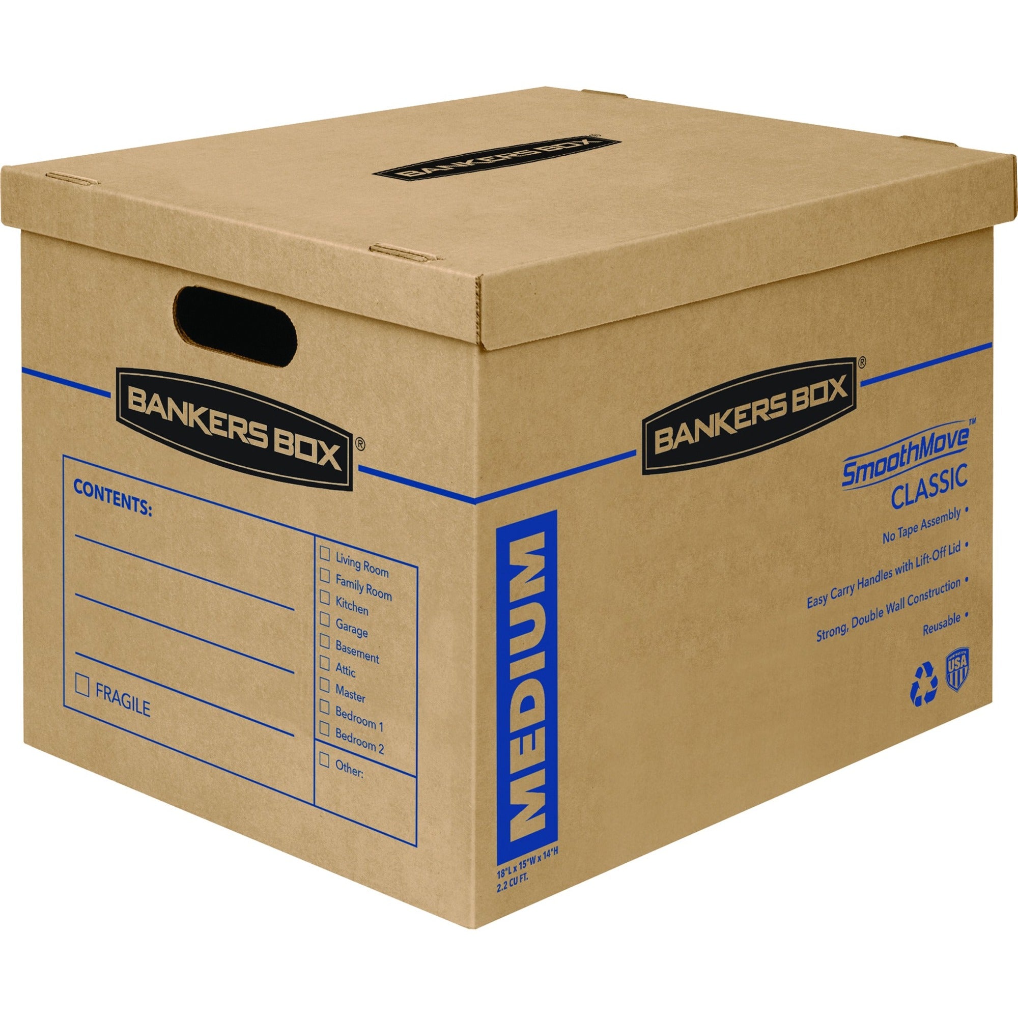 Fellowes Bankers Box SmoothMove Classic Moving Boxes, Medium - Internal Dimensions: 15" Width x 18" Depth x 14" Height - External Dimensions: 15.5" Width x 19" Depth x 14.5" Height - Lift-off Closure - Kraft - Recycled - 8 / Carton