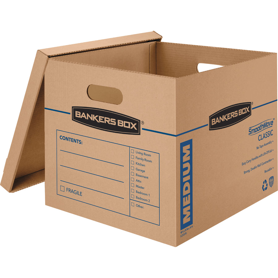 Fellowes Bankers Box SmoothMove Classic Moving Boxes, Medium - Internal Dimensions: 15" Width x 18" Depth x 14" Height - External Dimensions: 15.5" Width x 19" Depth x 14.5" Height - Lift-off Closure - Kraft - Recycled - 8 / Carton