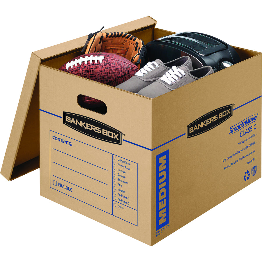 Fellowes Bankers Box SmoothMove Classic Moving Boxes, Medium - Internal Dimensions: 15" Width x 18" Depth x 14" Height - External Dimensions: 15.5" Width x 19" Depth x 14.5" Height - Lift-off Closure - Kraft - Recycled - 8 / Carton