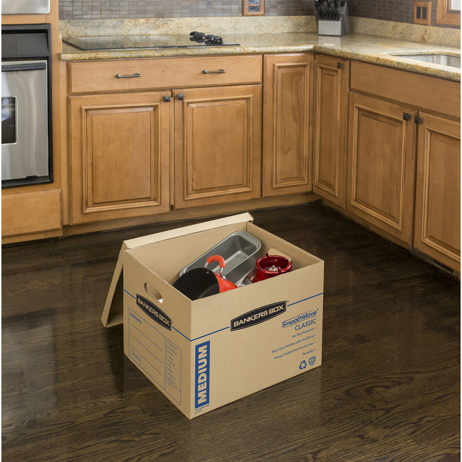 Fellowes Bankers Box SmoothMove Classic Moving Boxes, Medium - Internal Dimensions: 15" Width x 18" Depth x 14" Height - External Dimensions: 15.5" Width x 19" Depth x 14.5" Height - Lift-off Closure - Kraft - Recycled - 8 / Carton