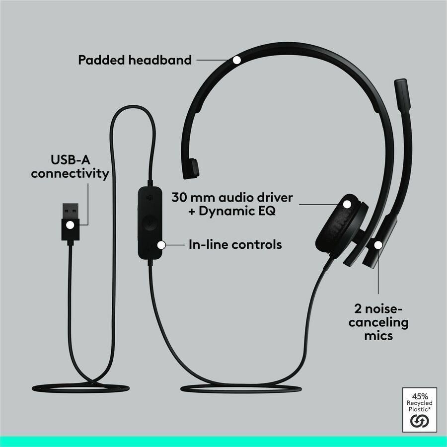 Logitech USB Headset Mono H570e - Mono - USB - Wired - 31.50 Hz to 20 kHz - Over-the-head - Monaural - Supra-aural - Noise Cancelling, Electret Microphone