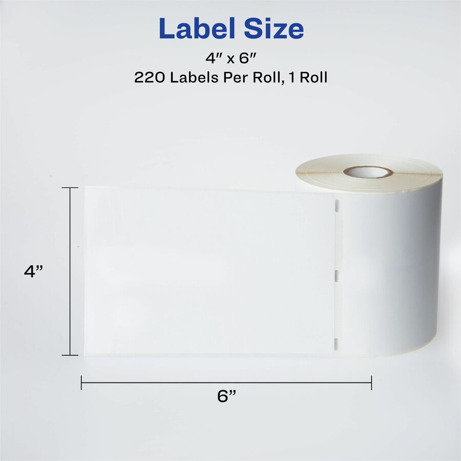 Avery&reg; Thermal Roll Labels 4" x 6" , 220 White Shipping Labels (4156) - x 4" Width x 6" Length - Roll - Permanent Adhesive - Rectangle - Direct Thermal, Thermal - Bright White - Paper - Water Resistant - Permanent Adhesive, Stick & Stay, Scratch Re...