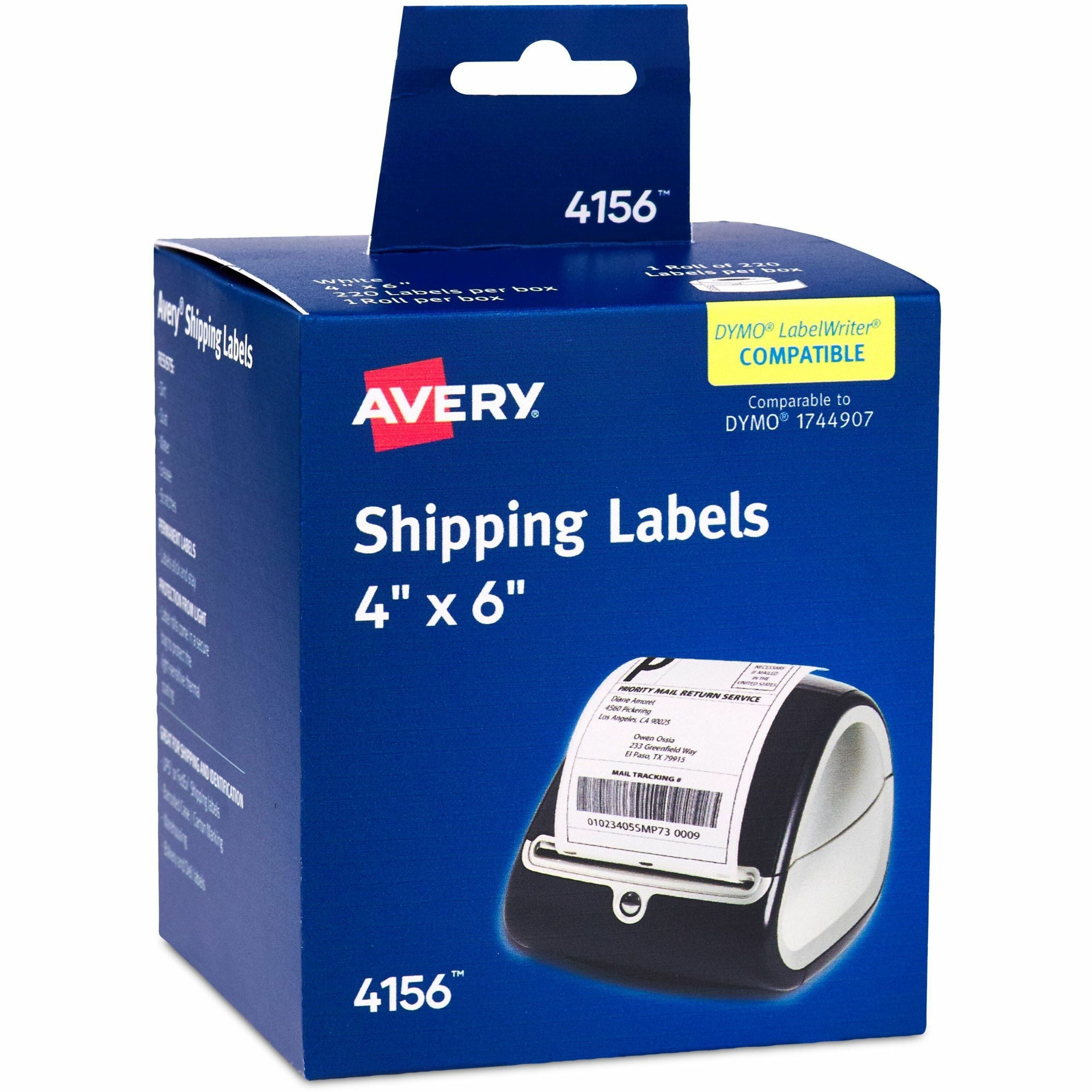 Avery&reg; Thermal Roll Labels 4" x 6" , 220 White Shipping Labels (4156) - x 4" Width x 6" Length - Roll - Permanent Adhesive - Rectangle - Direct Thermal, Thermal - Bright White - Paper - Water Resistant - Permanent Adhesive, Stick & Stay, Scratch Re...
