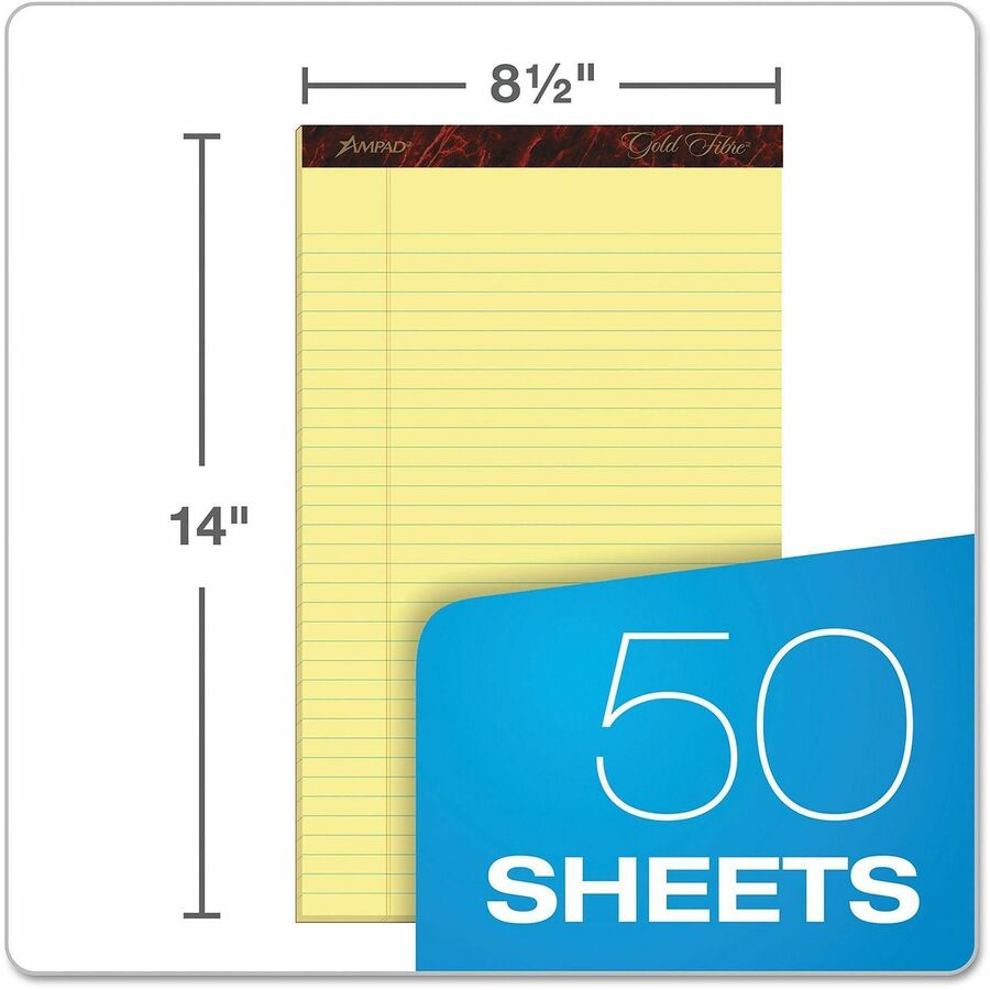TOPS Gold Fibre Premium Rule Writing Pads - Legal - 50 Sheets - Watermark - Stapled/Glued - 0.34" Ruled - 16 lb Basis Weight - Legal - 8 1/2" x 14" Sheet Size - Yellow Paper - Bleed-free, Chipboard Backing, Micro Perforated - 1 Dozen