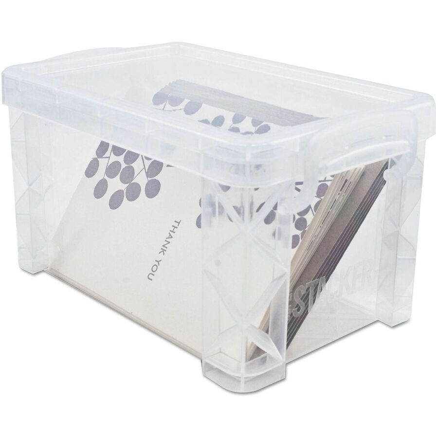 Advantus Super Stacker Index Cards Box - External Dimensions: 6.3" Width x 4" Depth x 3.6" Height - Media Size Supported: Index Card 3" x 5" - 400 x Card - Lift-off Closure - Stackable - Plastic - Clear - For Index Card, Artwork, Craft Supplies, Recipe...