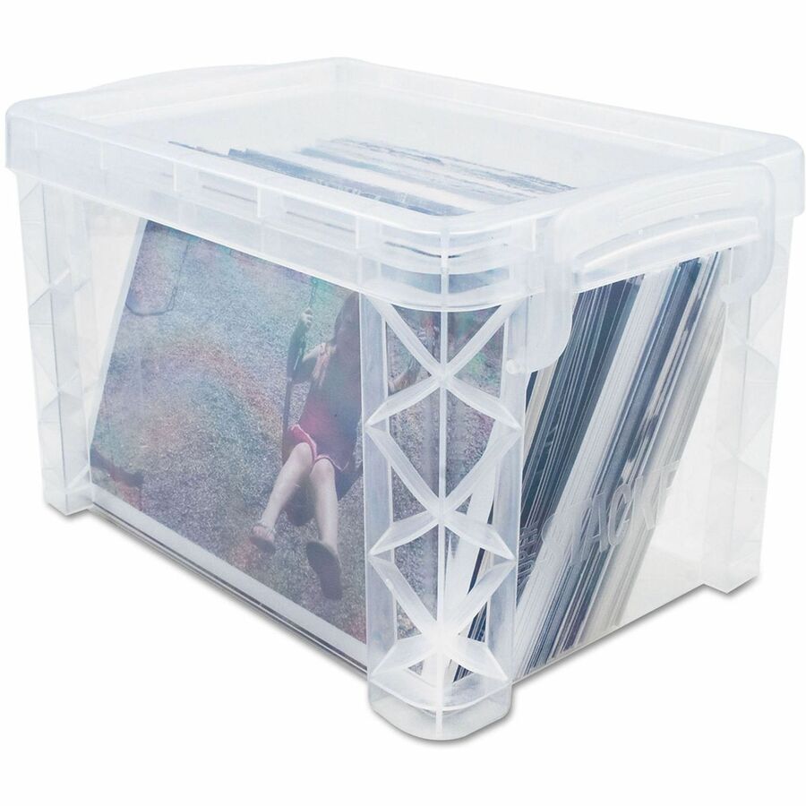 Advantus Super Stacker Index Cards Box - External Dimensions: 6.3" Width x 4" Depth x 3.6" Height - Media Size Supported: Index Card 3" x 5" - 400 x Card - Lift-off Closure - Stackable - Plastic - Clear - For Index Card, Artwork, Craft Supplies, Recipe...