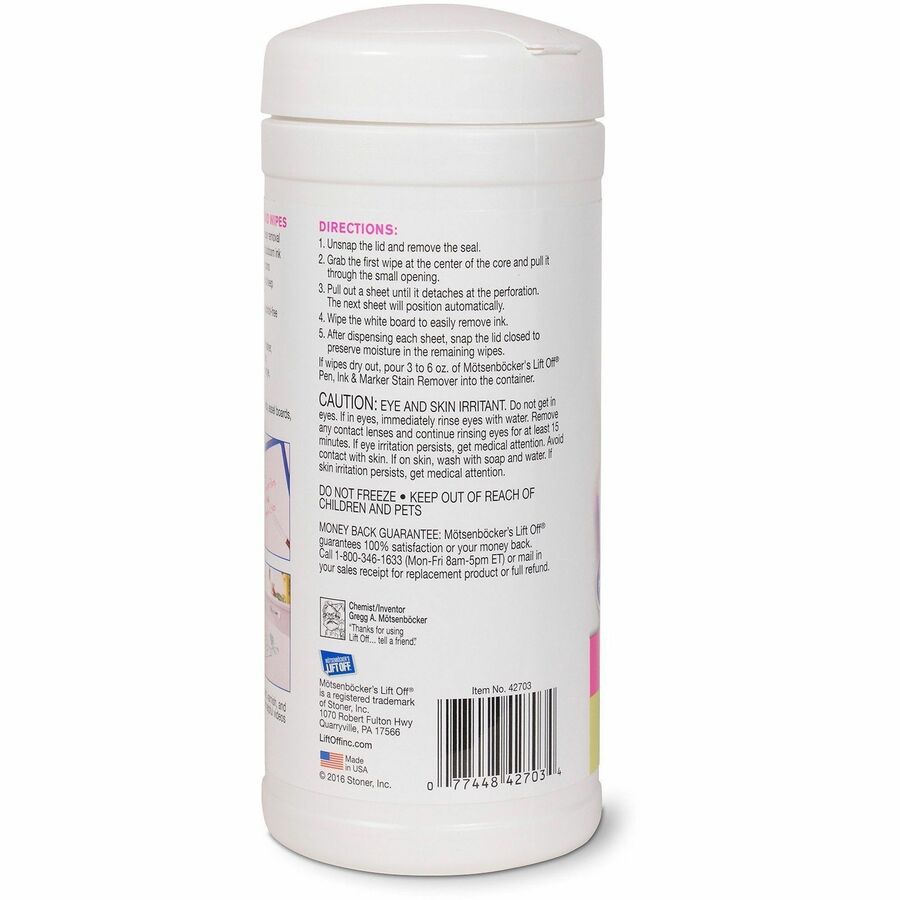 M�tsenb�cker's Lift Off Motsenbocker Lift Off Dry Erase Brd Cleaner Wipes - 7" Width x 12" Length - Used as Ink Remover, Mark Remover, Ghost Remover, Shadow Remover, Stain Remover - Streak-free, Water Based - Plastic - 180 / Carton