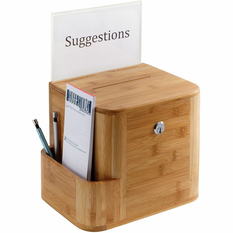 Safco Bamboo Suggestion Box - External Dimensions: 10" Width x 8" Depth x 14" Height - Media Size Supported: 8.50" x 5.50" - 25 x Quick Box - Key Lock Closure - Bamboo - Natural - For Suggestion Card, Deposit Slip, Paper - 1 Each
