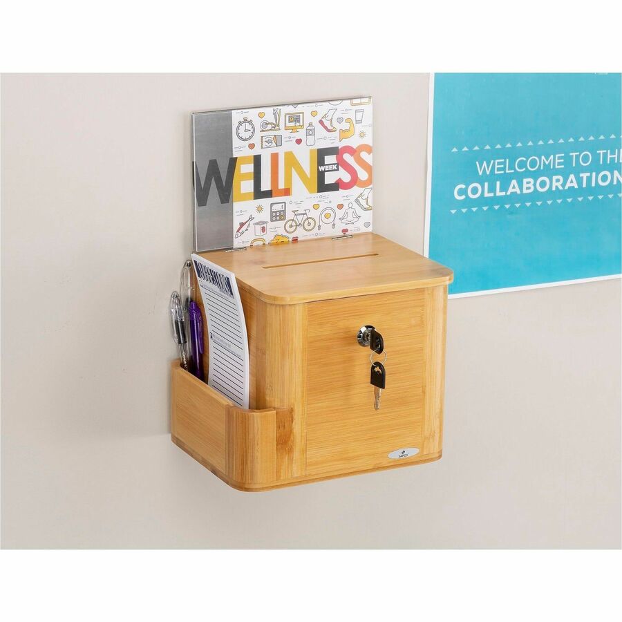 Safco Bamboo Suggestion Box - External Dimensions: 10" Width x 8" Depth x 14" Height - Media Size Supported: 8.50" x 5.50" - 25 x Quick Box - Key Lock Closure - Bamboo - Natural - For Suggestion Card, Deposit Slip, Paper - 1 Each