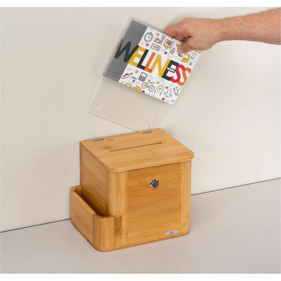Safco Bamboo Suggestion Box - External Dimensions: 10" Width x 8" Depth x 14" Height - Media Size Supported: 8.50" x 5.50" - 25 x Quick Box - Key Lock Closure - Bamboo - Natural - For Suggestion Card, Deposit Slip, Paper - 1 Each