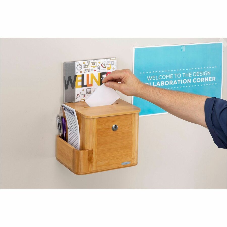 Safco Bamboo Suggestion Box - External Dimensions: 10" Width x 8" Depth x 14" Height - Media Size Supported: 8.50" x 5.50" - 25 x Quick Box - Key Lock Closure - Bamboo - Natural - For Suggestion Card, Deposit Slip, Paper - 1 Each