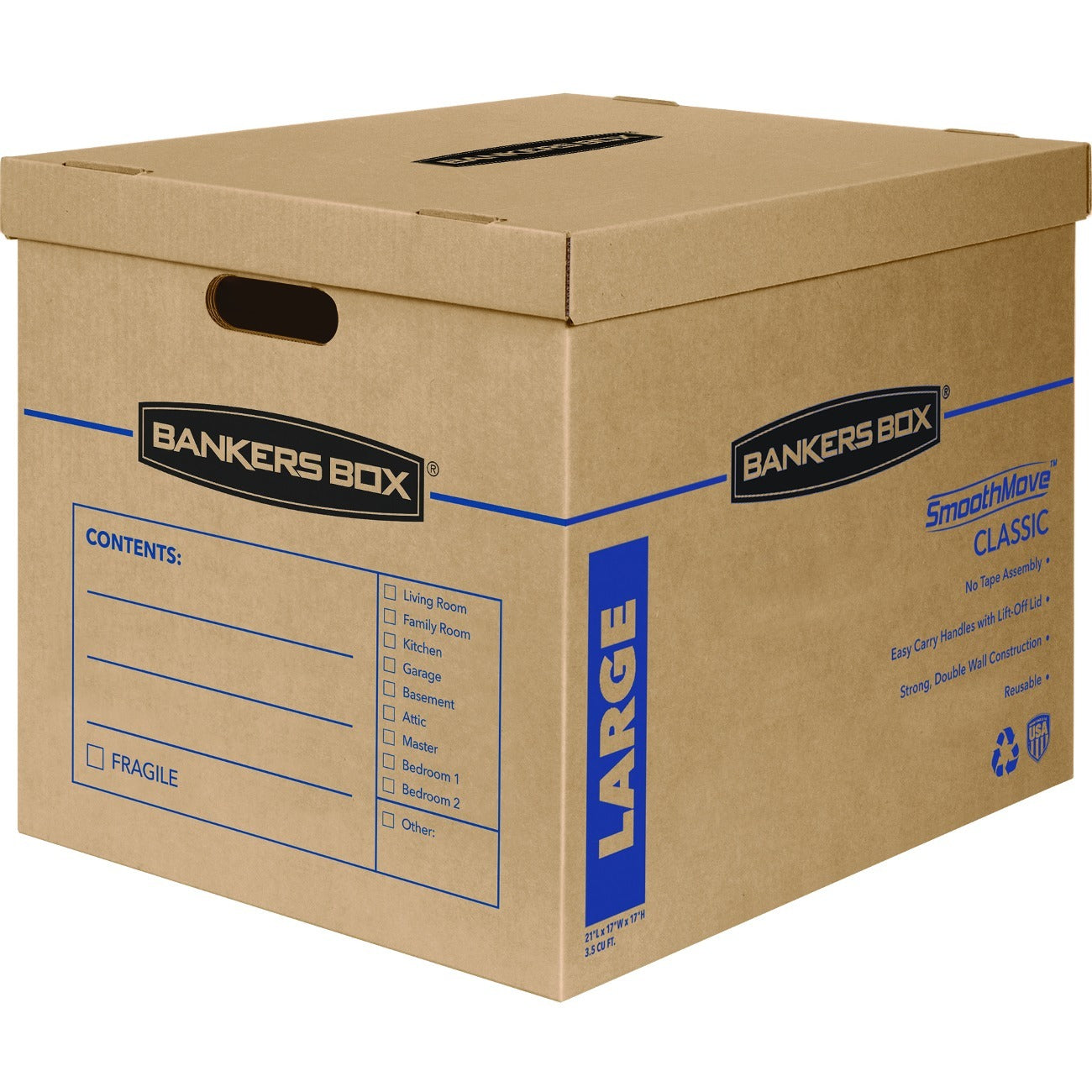 Bankers Box SmoothMove Moving Boxes - Internal Dimensions: 17" Width x 21" Depth x 17" Height - External Dimensions: 17.6" Width x 22.3" Depth x 17.4" Height - Lift-off Closure - Corrugated Paper - Kraft - Recycled - 5 / Carton
