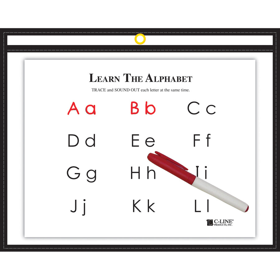 C-Line Horizontal Reusable Dry Erase Pocket, Black, 12 x 9, 1/EA - Black Frame - Rectangle - Heavyweight, Reusable - 1 / Each